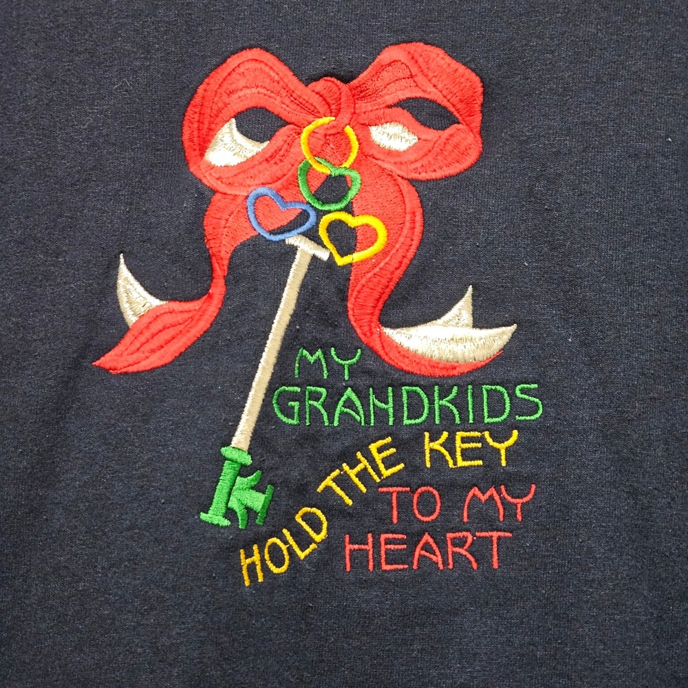 VTG 90s GRANDMA Made Usa XL NAVY RED EMBROIDERED GRANDKID KEY M&C COTTAGECORE - Picture 3 of 9